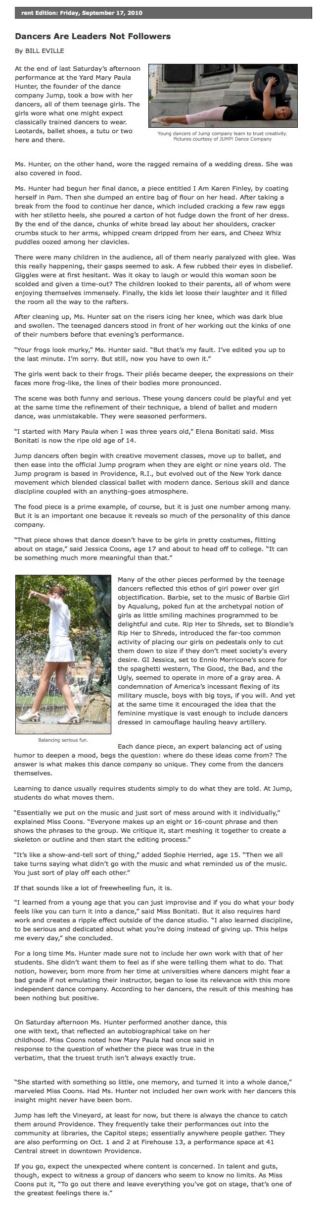 Dancers Are Leaders Not Followers Article
By BILL EVILLE, in the Vineyard Gazzette Online